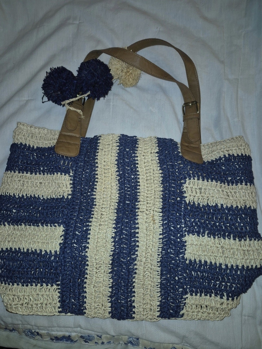 Sonoma Blue and Cream Striped Straw Tote with Tan Handles